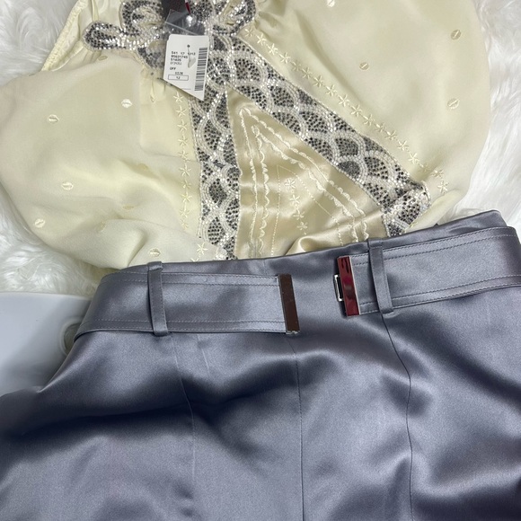 OSCAR DE LA RENTA SILVER INVERTED FLAT PLEAT SATIN SKIRT NEW WITH TAGS - Picture 5 of 14